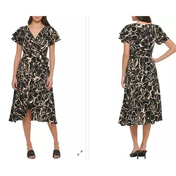 DKNY Women's Flutter Sleeve Printed Fit and Flare Dress Size 2 - Picture 1 of 6